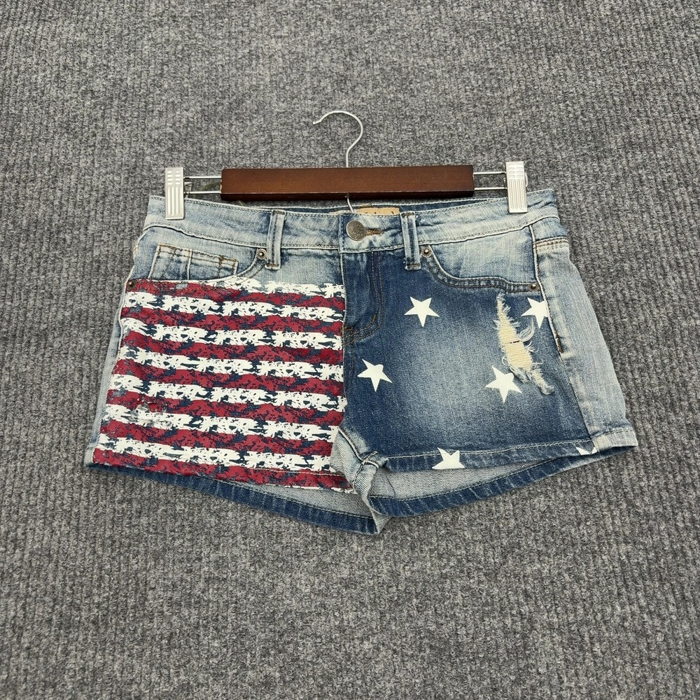 Hybrid & Company Shorts Womens 5 Blue Cotton Denim Stars Stripes Distressed Boho